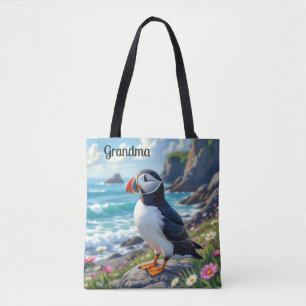 Cute Puffin on the Seashore themed Personalized Tote Bag