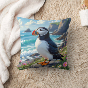 Cute Puffin on the Seashore themed Throw Pillow