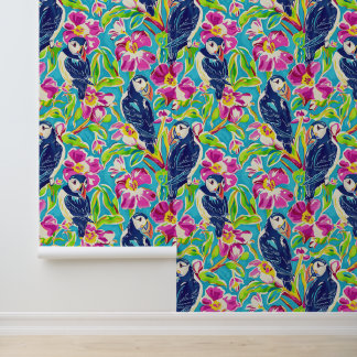 Cute puffins with pink flowers wallpaper