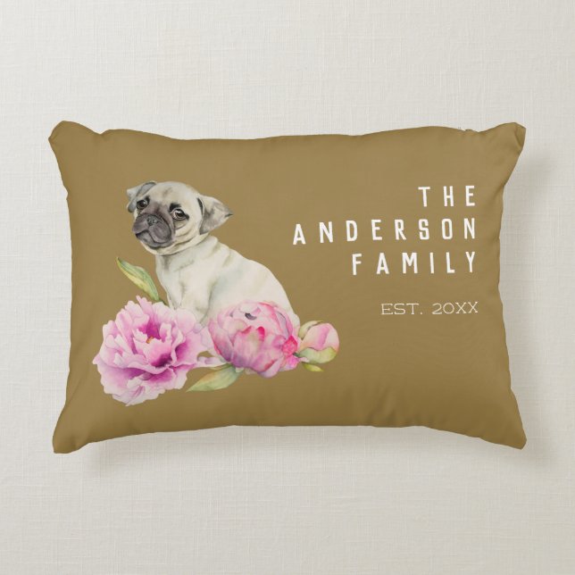 Cute Pug and Peonies | Add Your Family Name Accent Pillow (Front)
