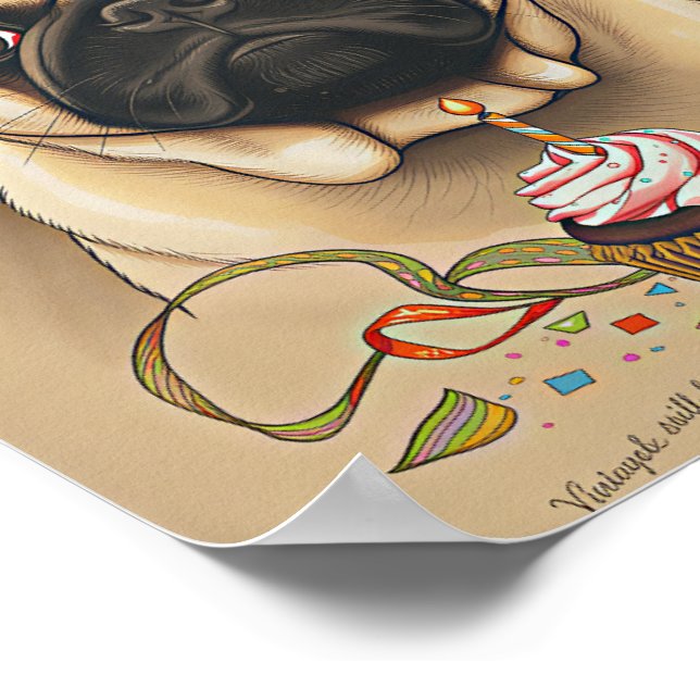 Cute Pug Birthday Cupcake Art Poster (Corner)