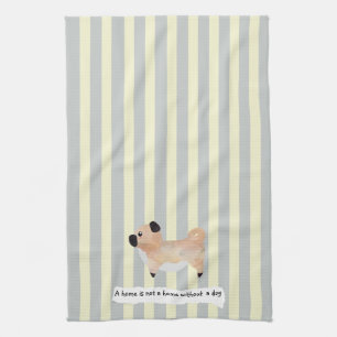 Cute Pug blue and cream striped Kitchen Towel