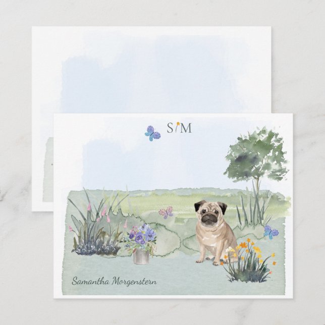 Cute Pug Butterfly Meadow  Monogram & Name     Card (Front/Back)