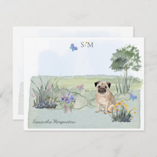 Cute Pug Butterfly Meadow Monogram & Name Card