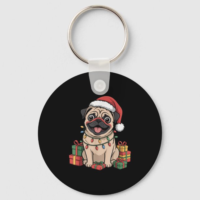 Cute Pug Christmas Xmas Design Funny Dog Lover Hol Keychain (Front)