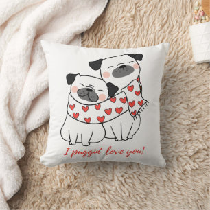 Cute Pug Couple with Hearts Illustration Throw Pillow