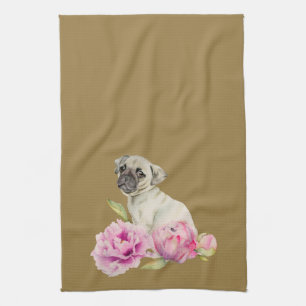Cute Pug Dog and Peony Flowers Illustration Kitchen Towel