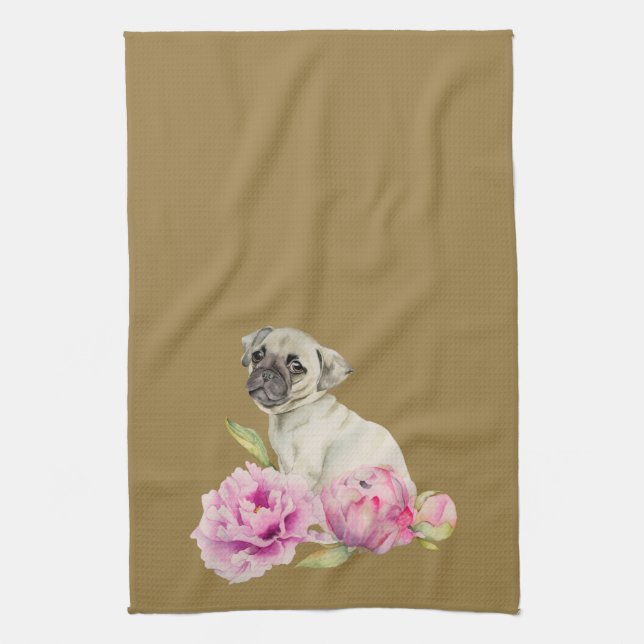 Cute Pug Dog and Peony Flowers Illustration Kitchen Towel (Vertical)