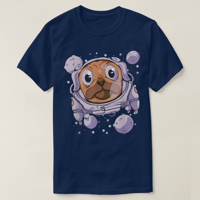 Cute Pug Dog Astronaut in Space with Stars & Plane T-Shirt (Design Front)
