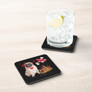 Cute Pug Dog Balloon Heart Valentine's Day Coaster