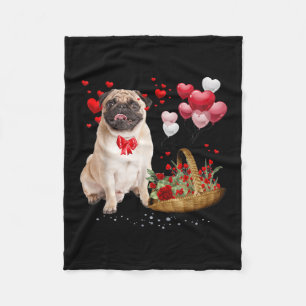 Cute Pug Dog Balloon Heart Valentines Day Fleece Blanket