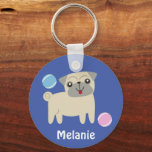 Cute Pug Dog Cartoon Personalised Keychain<br><div class="desc">Adorable pug pup on blue background (colour can be changed edit) Optional personalisation.</div>