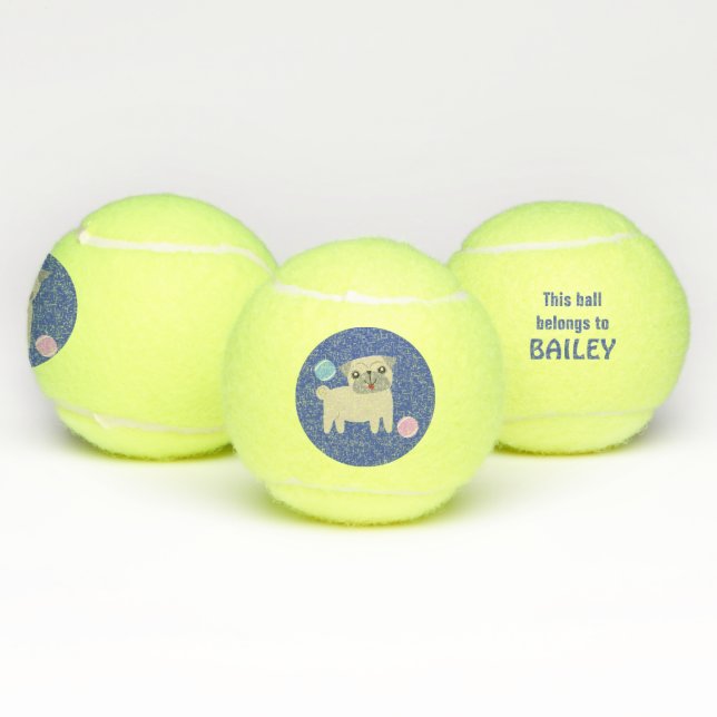 Cute Pug Dog Cartoon Personalised Tennis Balls (Multi)