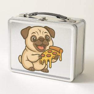 Cute pug dog cartoon pizza lover metal lunch box