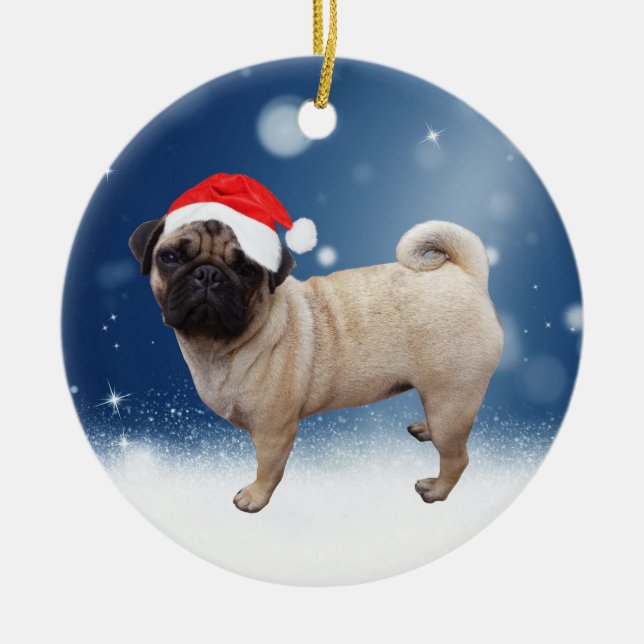 Cute Pug Dog Christmas Santa Hat Snow Stars Ceramic Ornament (Front)