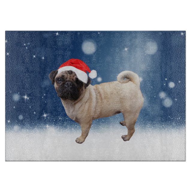 Cute Pug Dog Christmas Santa Hat Snow Stars Cutting Board (Front)