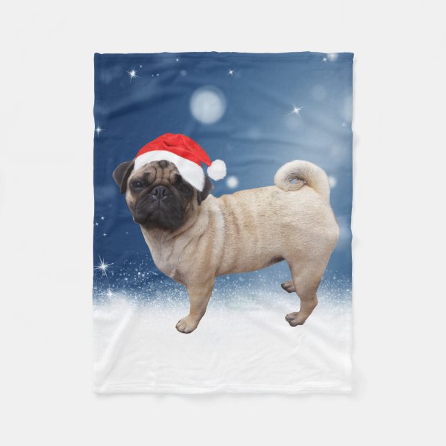 Cute Pug Dog Christmas Santa Hat Snow Stars Fleece Blanket (Front)