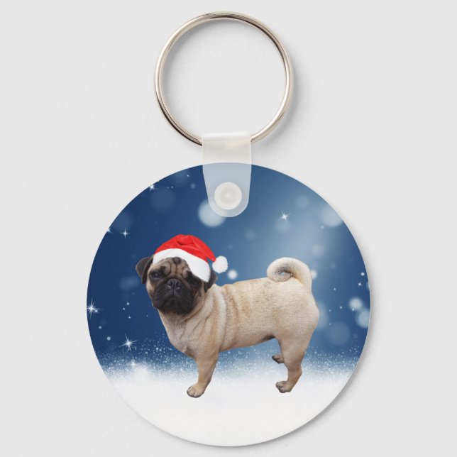 Cute Pug Dog Christmas Santa Hat Snow Stars Keychain (Front)