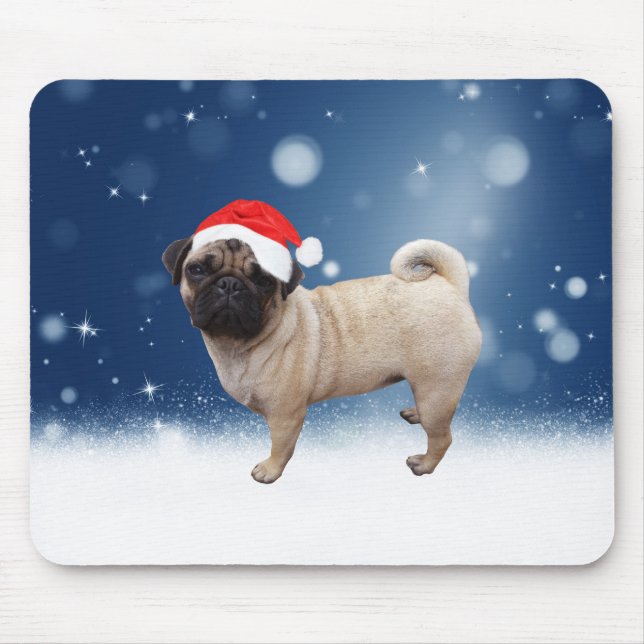 Cute Pug Dog Christmas Santa Hat Snow Stars Mouse Pad (Front)