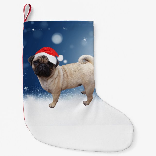 Cute Pug Dog Christmas Santa Hat Snow Stars Small Christmas Stocking (Front)