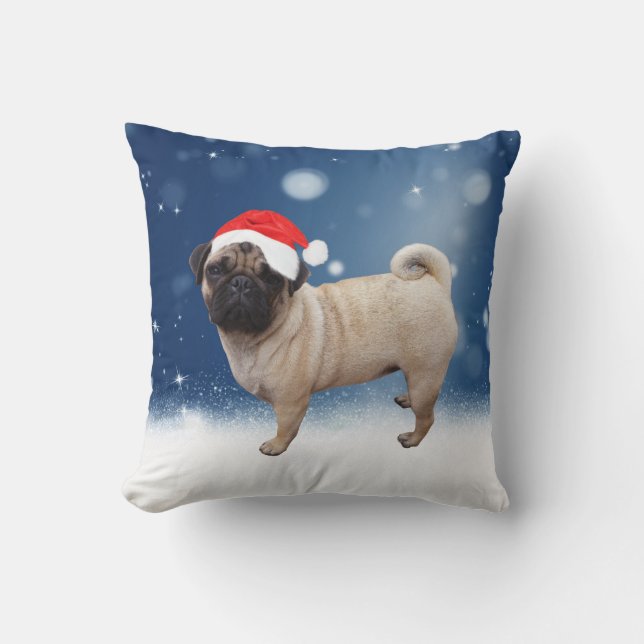 Cute Pug Dog Christmas Santa Hat Snow Stars Throw Pillow (Front)