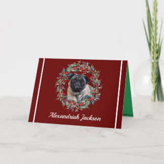 Cute Pug Dog Christmas wreath Holiday burgundy red Card