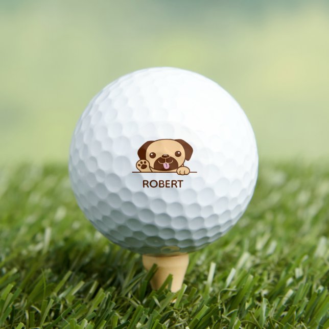 Cute Pug Dog Custom Name Golf Balls (Insitu Tee)