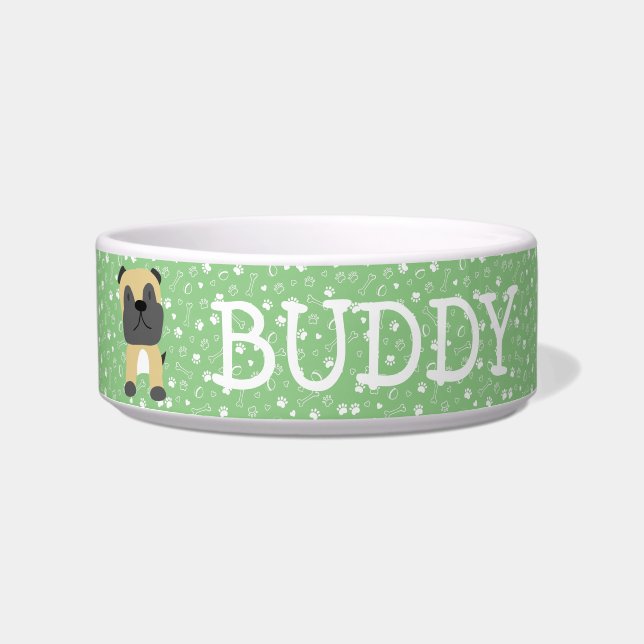 Cute Pug Dog Customizable Name Bowl (Front)