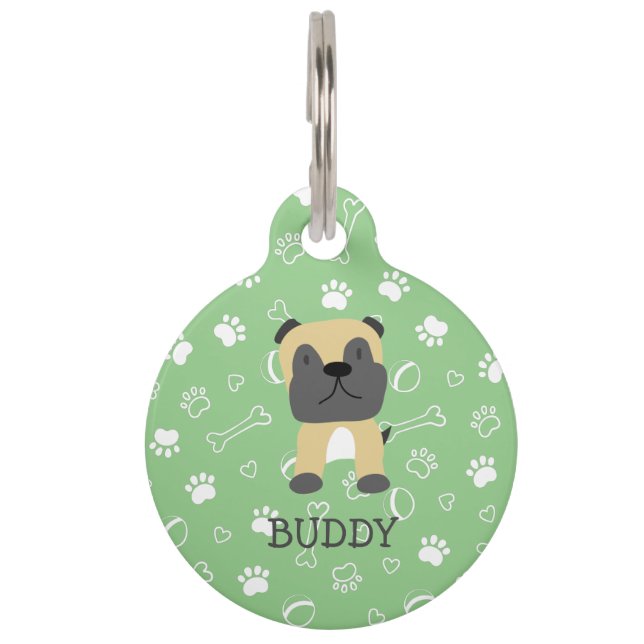 Cute Pug Dog Customizable Name Pet ID Tag (Front)