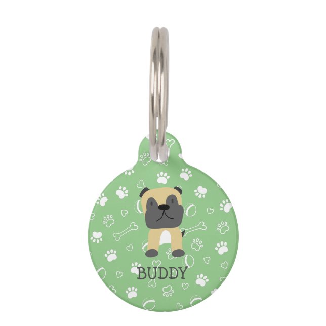 Cute Pug Dog Customizable Name Pet Tag (Front)