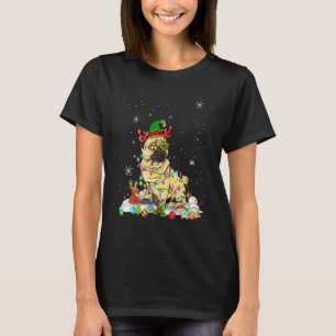 Cute Pug Dog Elf Hat Christmas Lights Xmas T-Shirt
