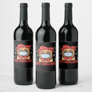 Cute Pug Dog Face Mask Merry Christmas Wine Label