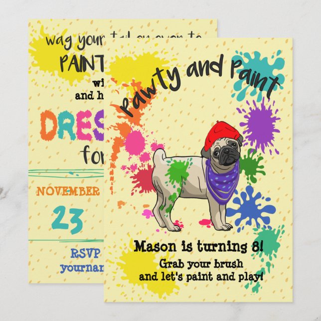 Cute Pug Dog Fun Art Birthday Party Invitation (Front/Back)