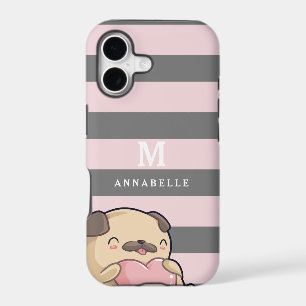 Cute Pug Dog Heart & Striped Pattern Monogram