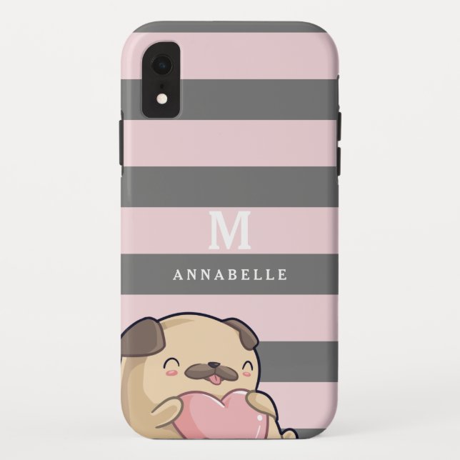 Cute Pug Dog Heart & Striped Pattern Monogram Case-Mate iPhone Case (Back)