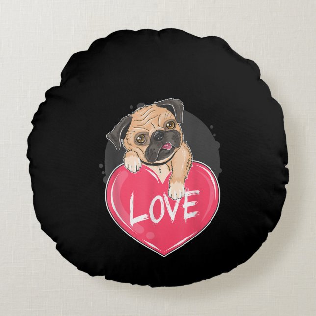 Cute Pug Dog Hearts Pug Valentine's Gift Round Pillow (Front)