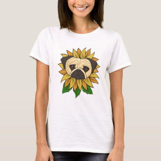 Cute Pug Dog in a Sunflower T-Shirt