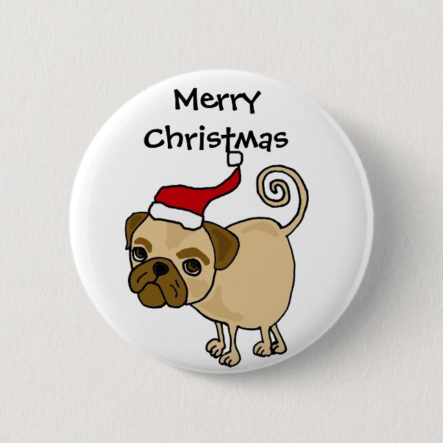 Cute Pug Dog in Santa Hat Christmas Art 2 Inch Round Button (Front)