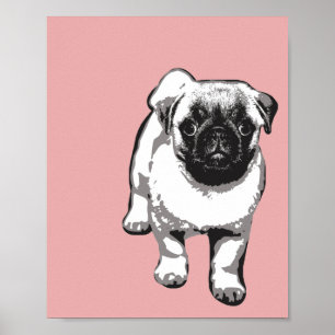 Cute Pug Dog Modern Art Poster Pink Black & White