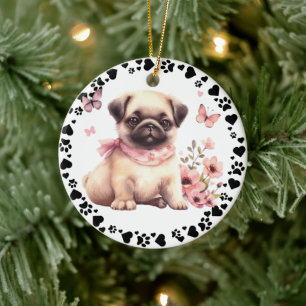 Cute Pug Dog Paws Hearts Custom Photo Ceramic Ornament