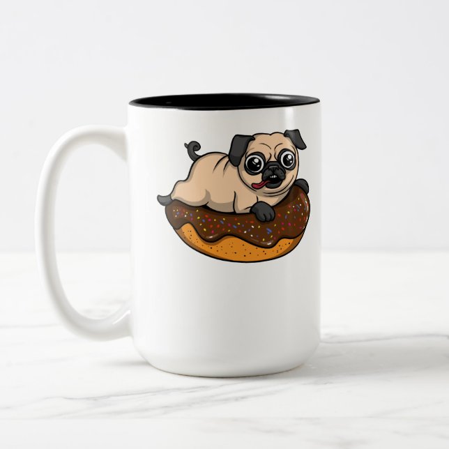 Cute Pug Dog Riding Doughnut Funny Pet Two-Tone Coffee Mug (Left)
