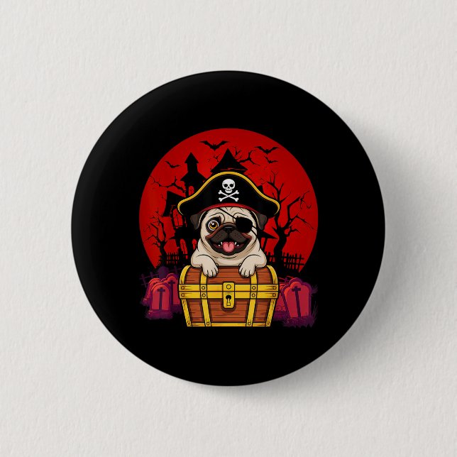 Cute Pug Dog Skull Pirate Captain Easy Halloween 2 Inch Round Button (Front)