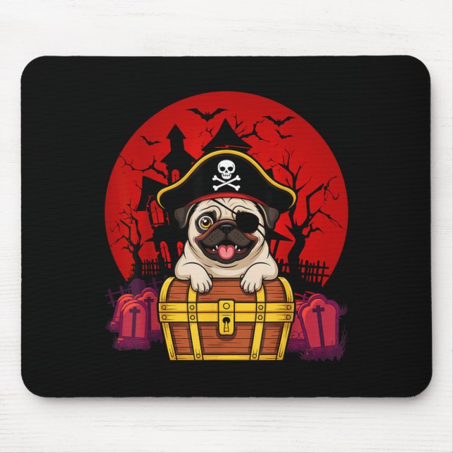 Cute Pug Dog Skull Pirate Captain Easy Halloween Mouse Pad (Front)