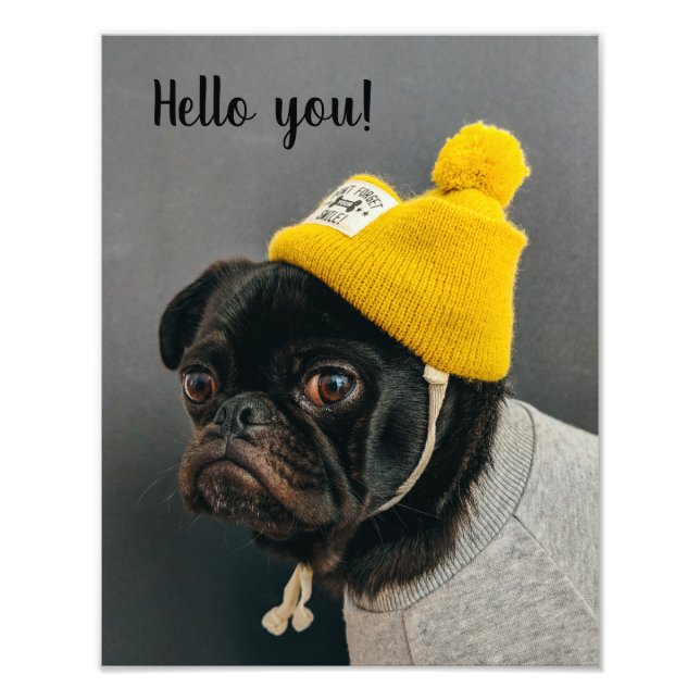 Cute pug dog wearing a yellow beanie wall poster (Front)