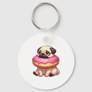 Cute pug dog with doughnut snacking dessert keychain
