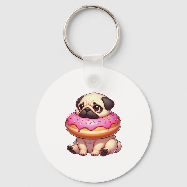 Cute pug dog with doughnut snacking dessert keychain (Front)