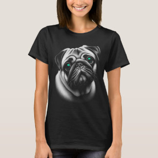 Cute Pug Dog with Turquoise Eyes in Ornate Design T-Shirt