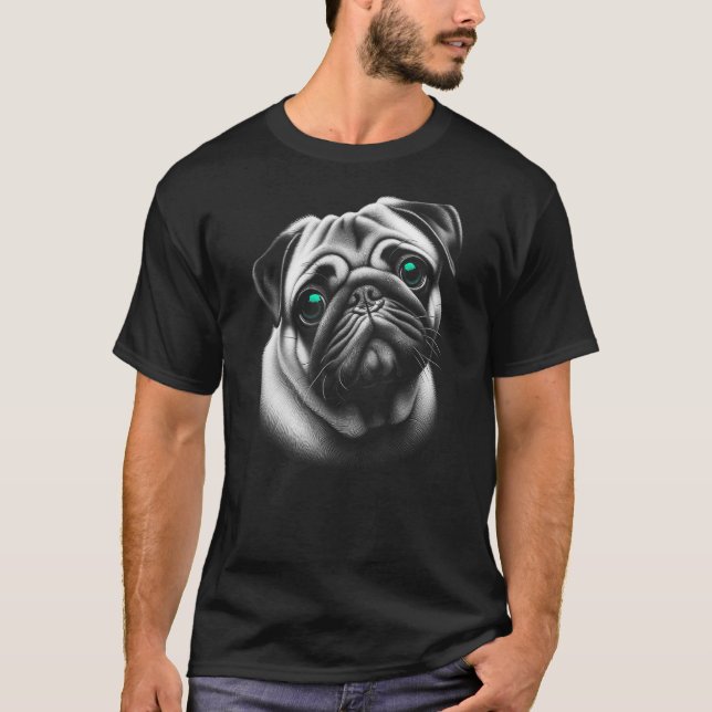 Cute Pug Dog with Turquoise Eyes in Ornate Design T-Shirt (Front)