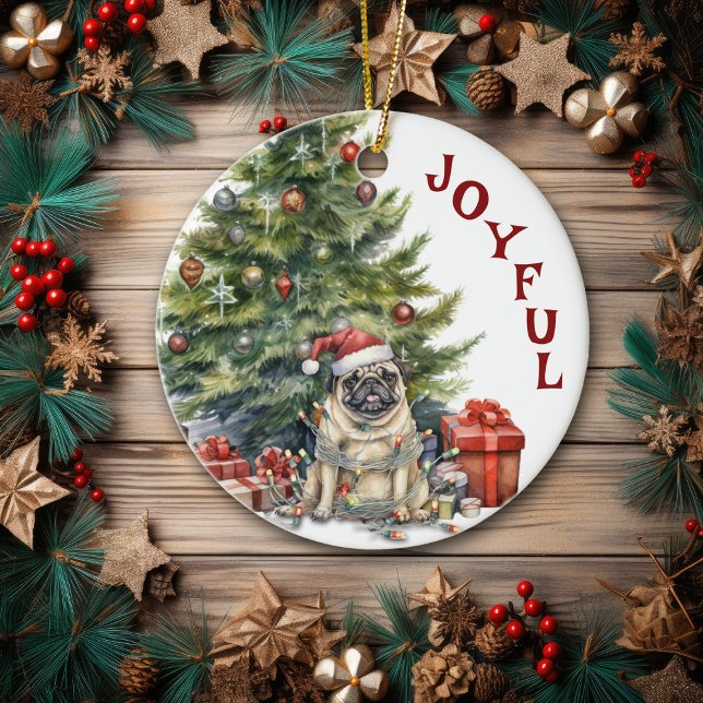 Cute Pug Dog Wrapped in Christmas Lights Ceramic Ornament (Creator Uploaded)