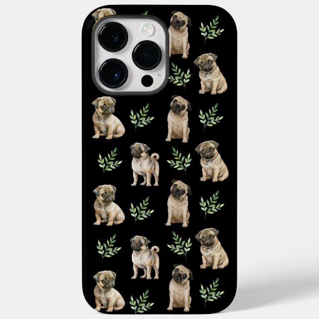 Cute pug dogs with leaves on a black  Case-Mate iPhone case (Back)